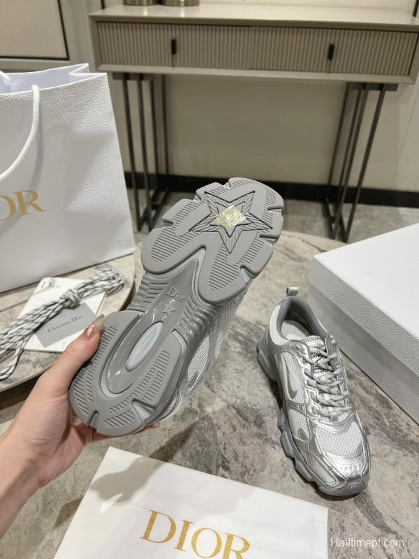 2025 Women Dior Silver Mesh Leather Sneakers
