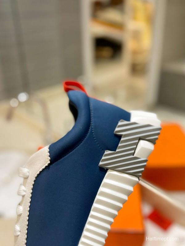 2024 Unisex Hermès Blue White Orange Imported Silk Lambskin Nubuck Sneakers MJ00320