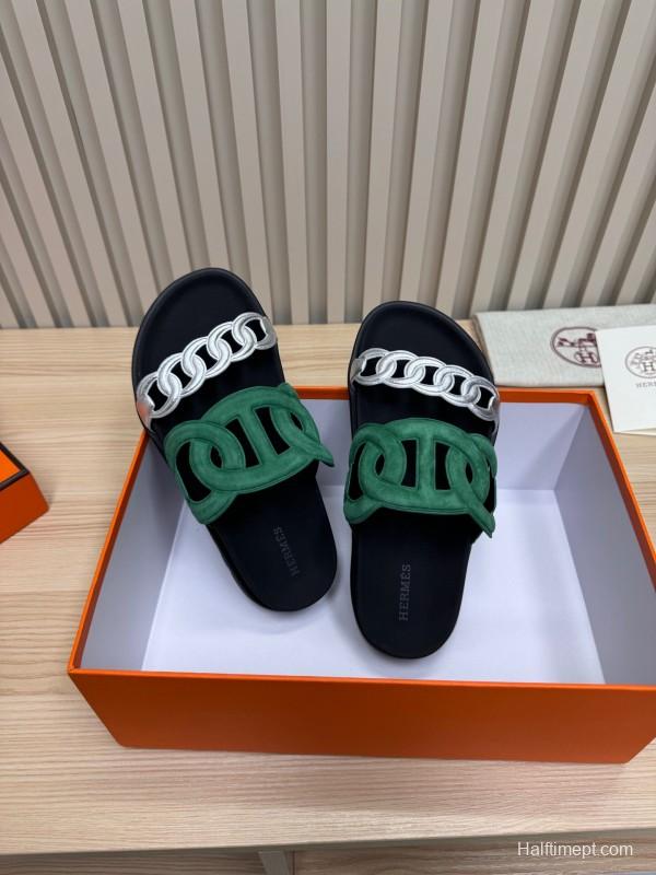 2025 Slippers Hermès Green Black Suede Leather Slippers