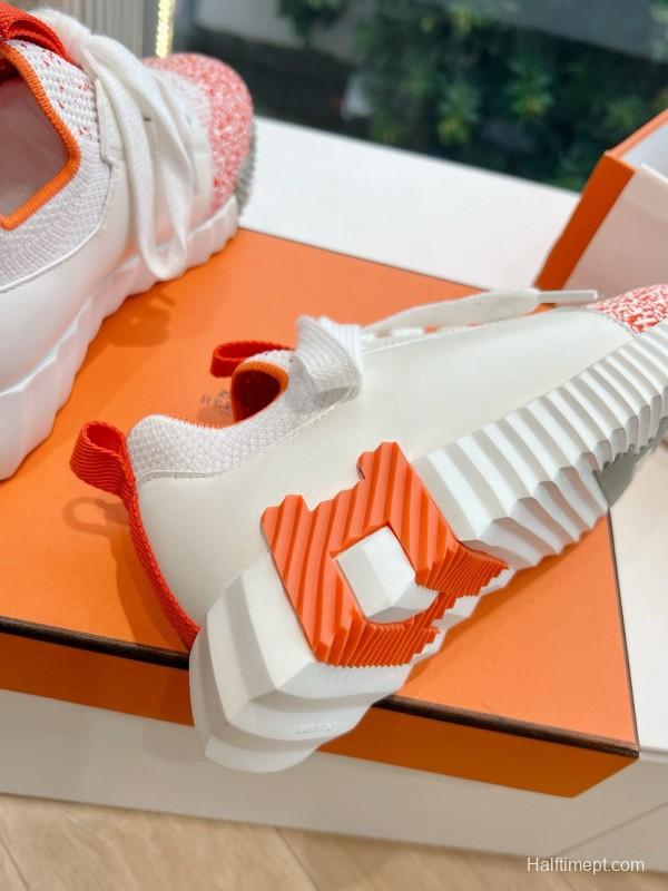 2024 Unisex Hermès white orange leather knit sneakers
