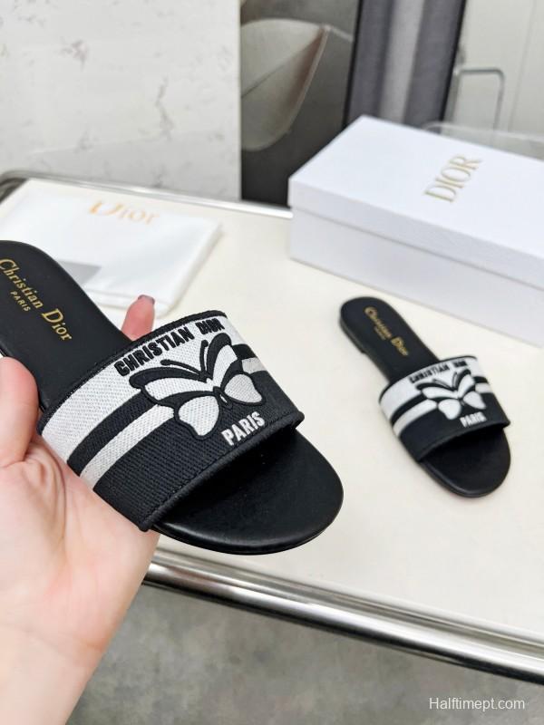 2025 Women Dior Black White Embroidery Slippers LY00170