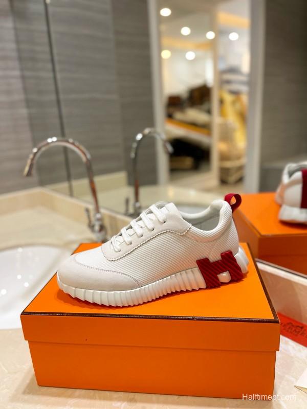 2024 Unisex Hermès White Red Silk Sheepskin Sneakers MJ00320