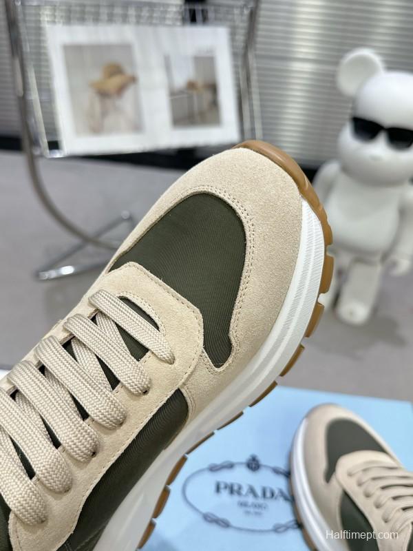2025 Women Prada Beige Green Nubuck Leather Sneakers KFY00310