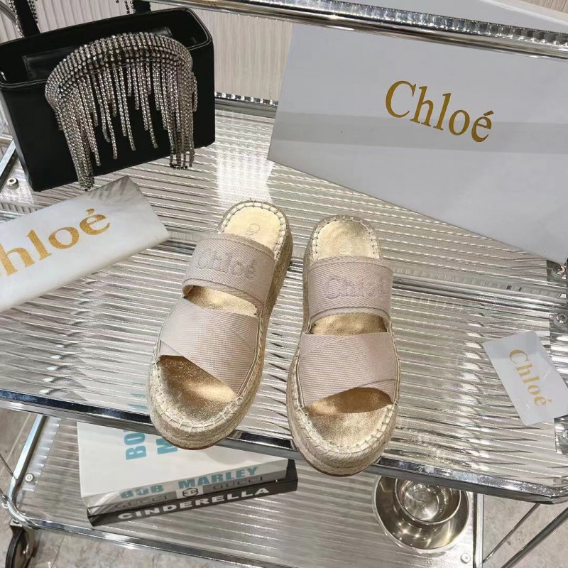2025 Women Chloé Beige Fabric Espadrille Slip-On Sandals LY00320
