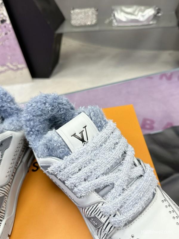 2024 Women Louis Vuitton White Grey Leather Fur Sneakers