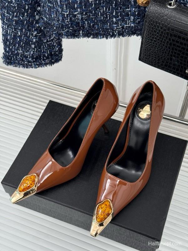 2024 Women Yves Saint Laurent Brown Patent Leather High Heels Metal Tip MJ00330