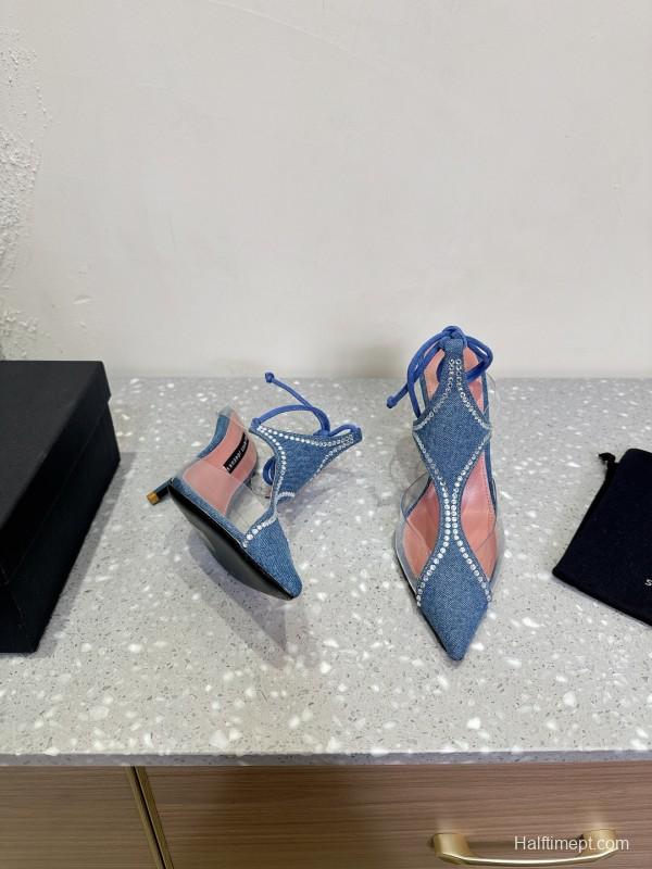 2025 Women Les Petits Joueurs Blue Denim Satin Leather Heels KFY00290