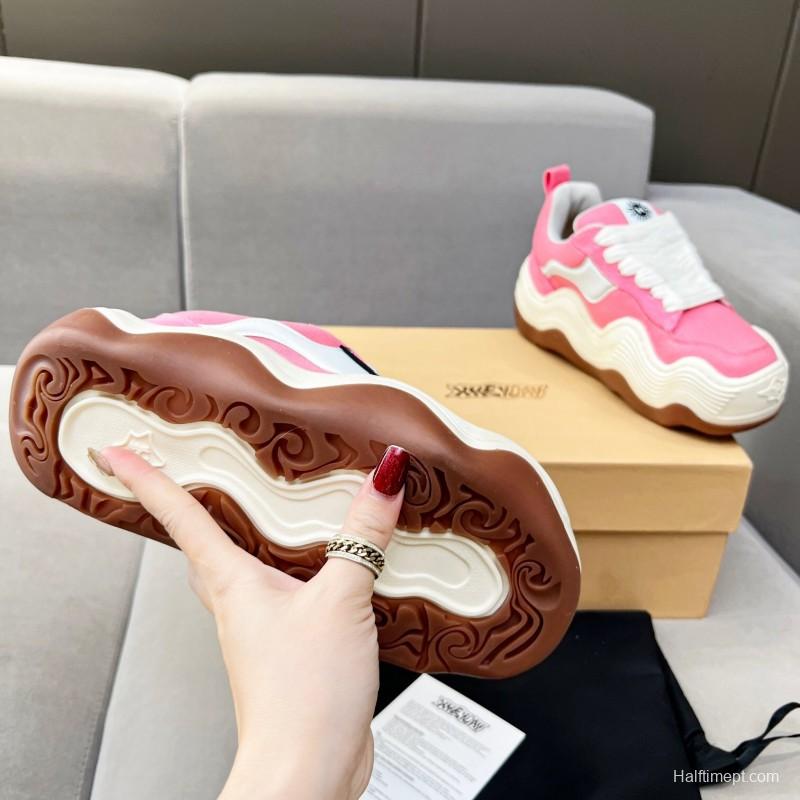 2025 Women HEYDAY Pink White Canvas Leather Wave Bread Sneakers KFY00260(F)