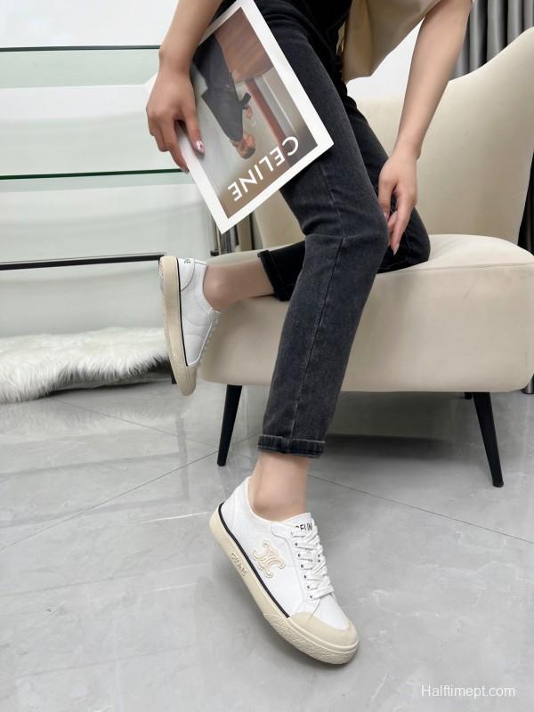 2025 Women Celine White Canvas Leather Low Top Sneakers LY00210