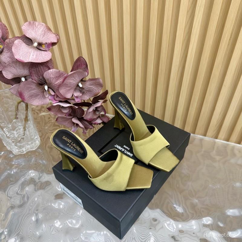 2025 Women Yves Saint Laurent Beige Satin Heeled Sandals