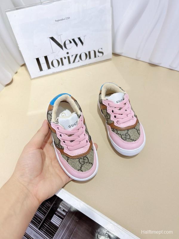 2024 Kids Gucci Pink Beige Canvas Leather Sneakers