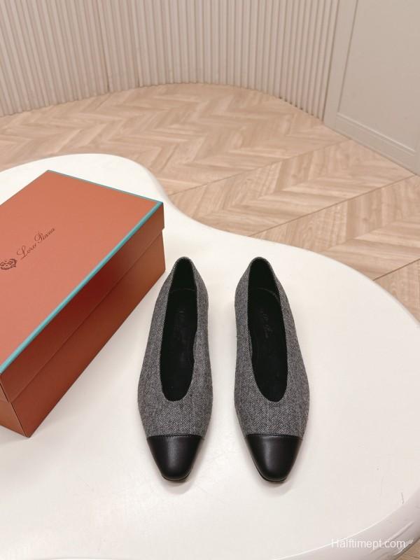 2025 Women LP Grey Black Fabric Leather Pointed Toe Loafers