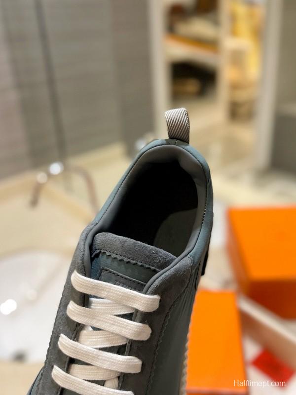 2024 Unisex Hermès Grey Imported Glossy Goat Suede Rain Cloth Sneakers MJ00320