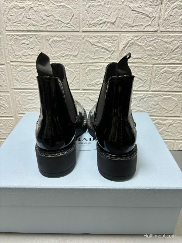 2024 Unisex Prada Black Patent Calf Leather Cowhide Leather Ankle Boots MJ00380