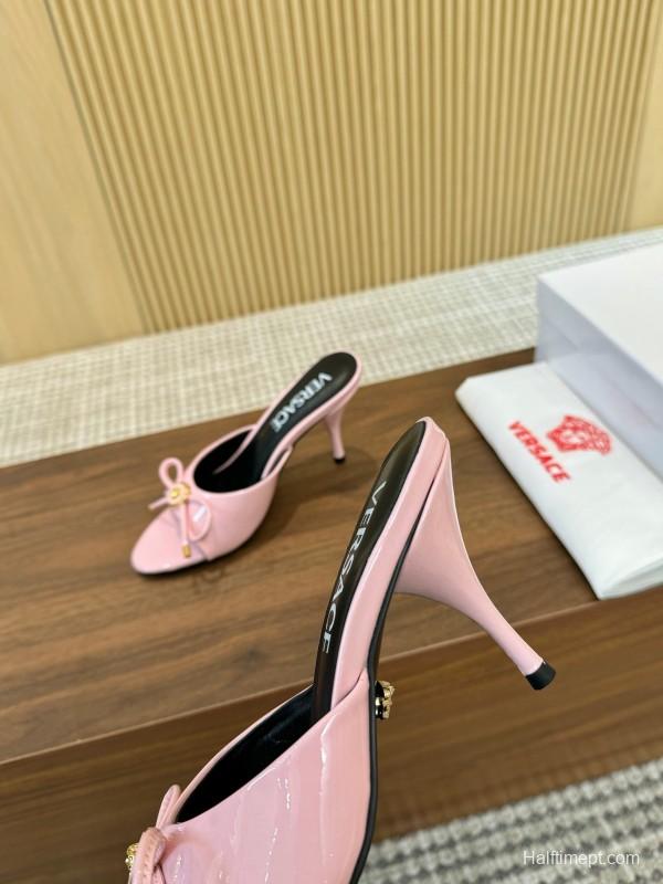 2025 Women VERSACE Pink Leather Heeled Mules LY00210
