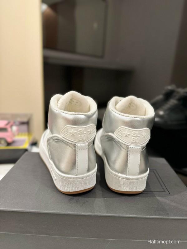 2024 Unisex Yves Saint Laurent White Silver Leather High Top Sneakers MJ00390