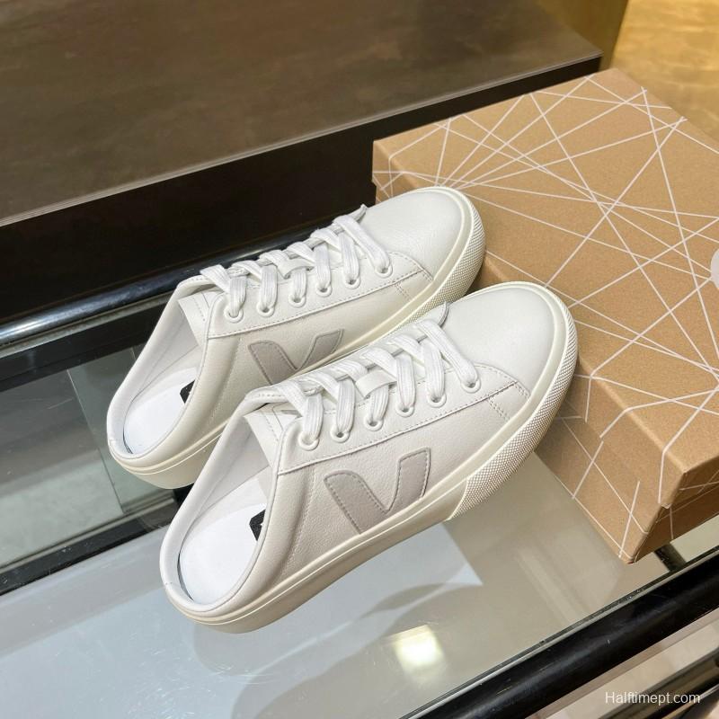 2025 Women VEJA White Canvas Leather Mule Sneakers MJ00240