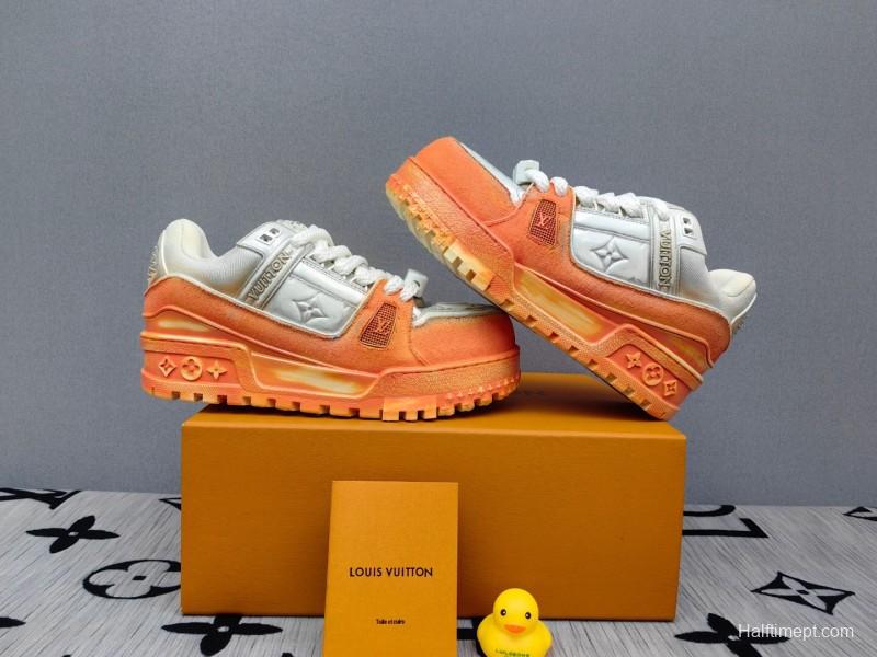 2025 Unisex Louis Vuitton Orange White Denim Leather Plimsolls Complex Wash KFY00510