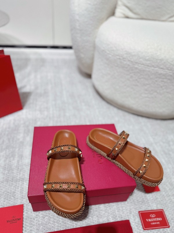 2025 Women Valentino Brown Leather Sandals Rope Braided LY00250