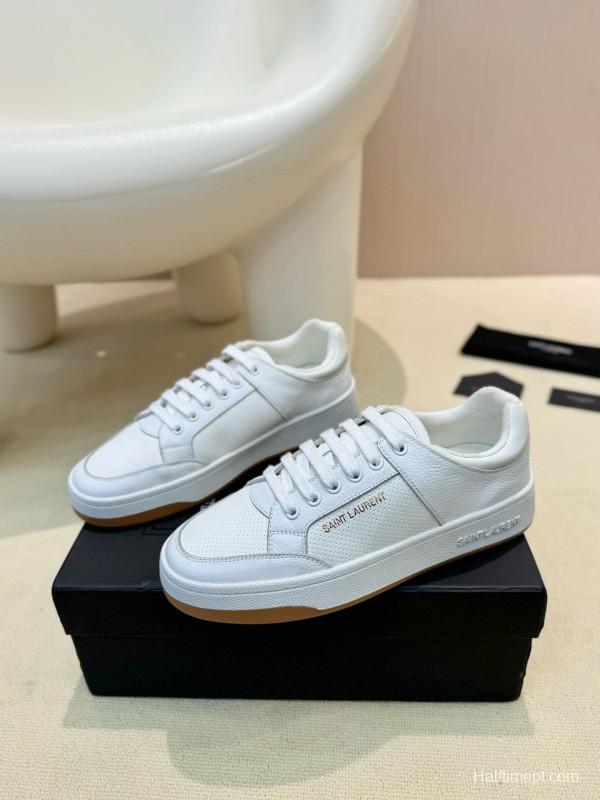 2024 Unisex Yves Saint Laurent White Silk Leather Sneakers Gold Hole Punch MJ00350