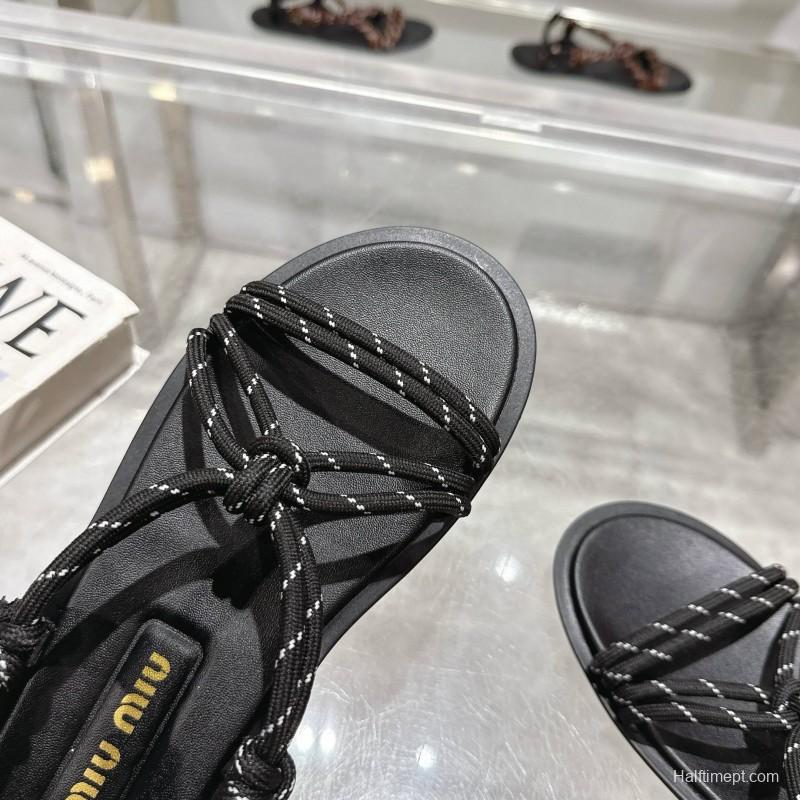 2025 Women Miu Miu Black Leather Rope Sandals