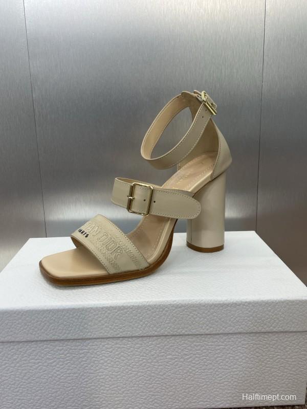 2025 Women Dior Beige Leather Sandals Buckle Strap High Heel
