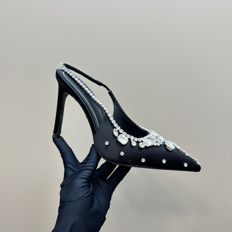 2025 Women Gucci Black Satin Slingback Heels Rhinestone MJ00340