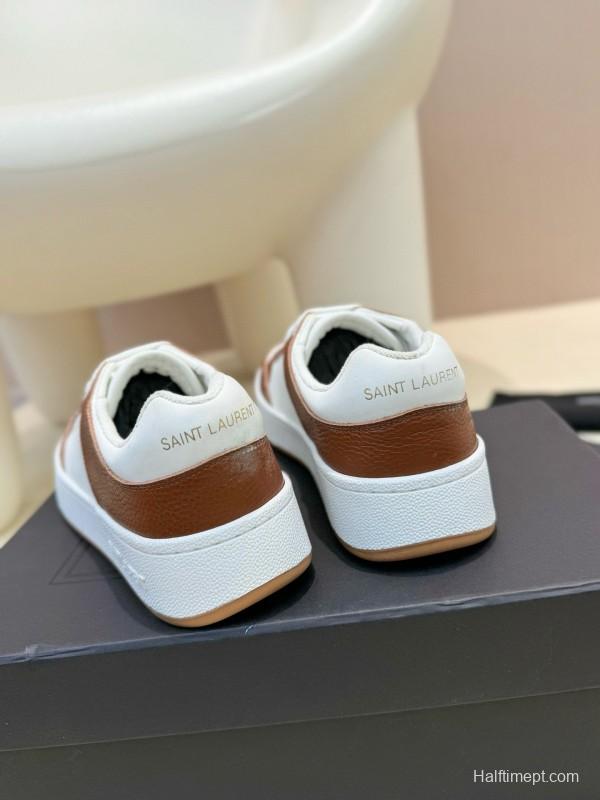 2024 Unisex Yves Saint Laurent White Brown Leather Canvas Sneakers MJ00350