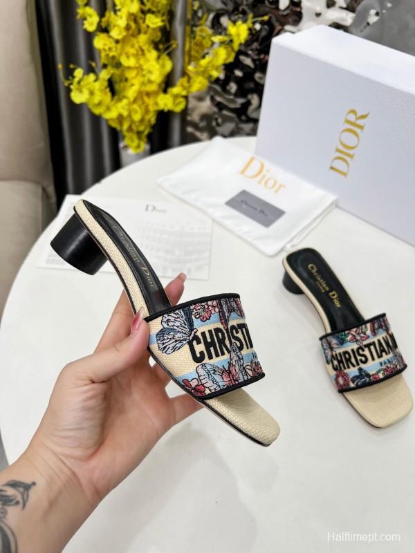 2025 Women Dior Black Beige Embroidery Mid Heel Slippers