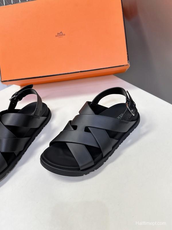 2025 Women Hermès Black Leather Sandals