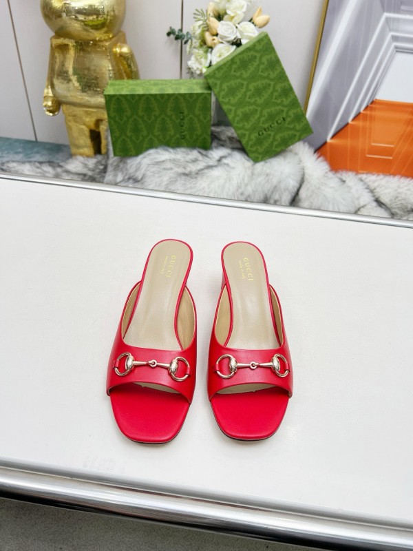 2025 Women Gucci Red Leather Heeled Mules Metal Ornament