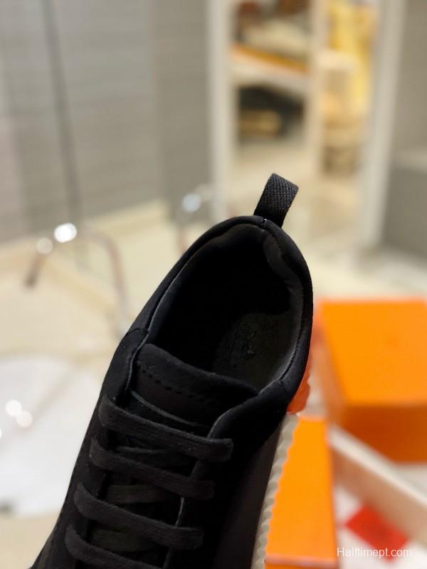 2024 Unisex Hermès Black Orange Glossy Calfskin Nylon Sneakers MJ00320