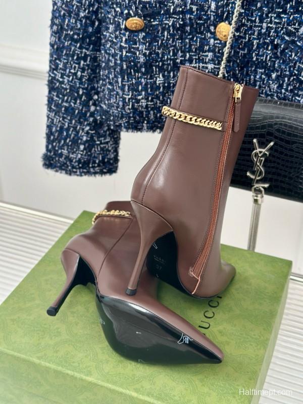 2024 Women Gucci brown calf leather ankle boots chain MJ00410