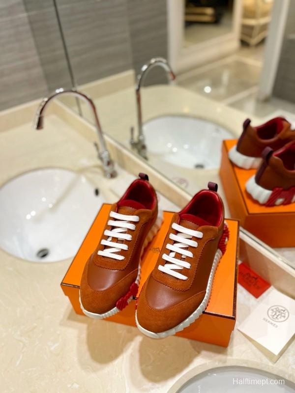 2024 Unisex Hermès Brown Red Imported Sheepskin Suede Silk Leather Casual Sneakers MJ00320