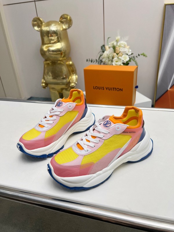 2025 Women Louis Vuitton Yellow Pink Blue Mesh Leather Sneakers