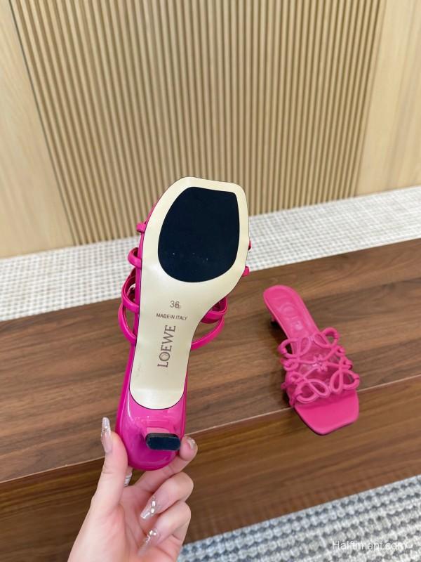 2025 Women Loewe Pink Leather Heeled Sandals LY00210