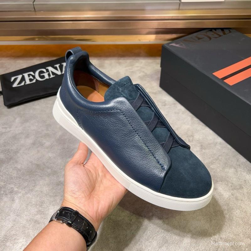2024 Men Ermenegildo Zegna Blue Leather Suede Sneakers