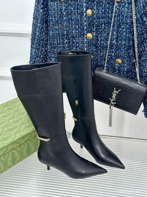 2024 Women YSL Black Leather Boots Chain Detail