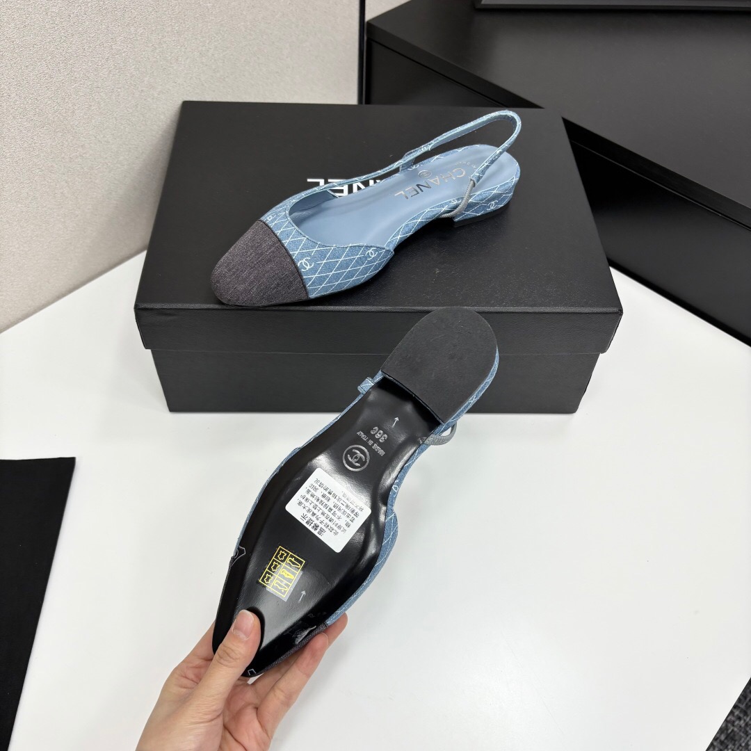 2025 Women Chanel Blue Black Denim Leather Slingback LY00240