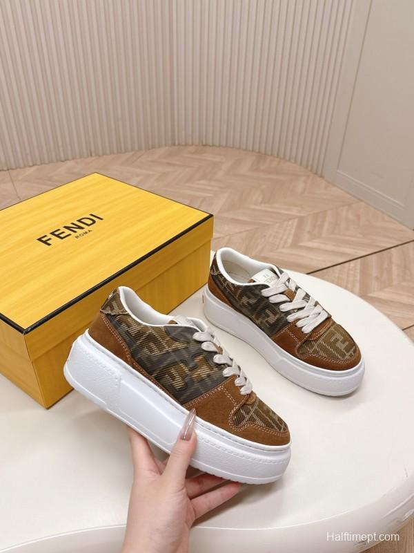 2025 Women Fendi Brown Leather Canvas Sneakers