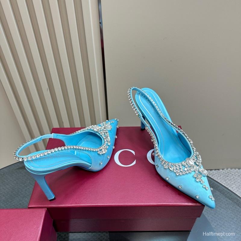 2025 Women Gucci Blue Silk Crystal Embellished Slingback Pumps MJ00340