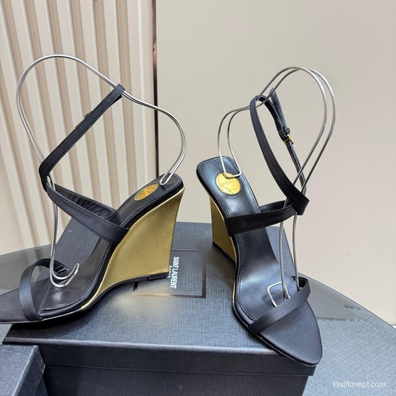 2025 Women Yves Saint Laurent Black And Gold Wedge Sandals Premium Leather Elegant Design LY00360(F)