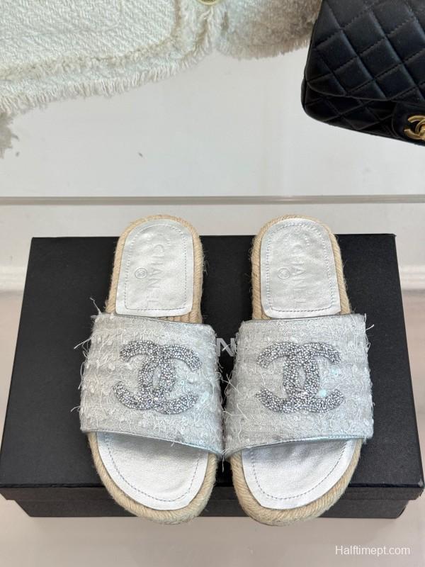 2025/Women Chanel White Lace Espadrille Slides Handmade Craft KFY00240(F)