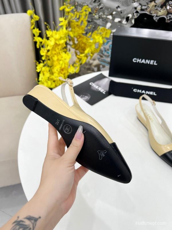 2025 Women Chanel Apricot Black Leather Slingback Flats