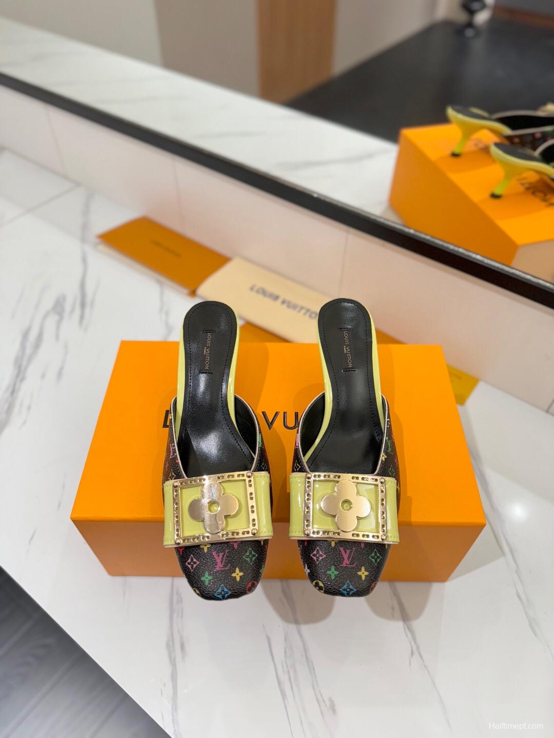 2025 Women Louis Vuitton Black Multicolor Canvas Leather Mules Buckle KFY00320