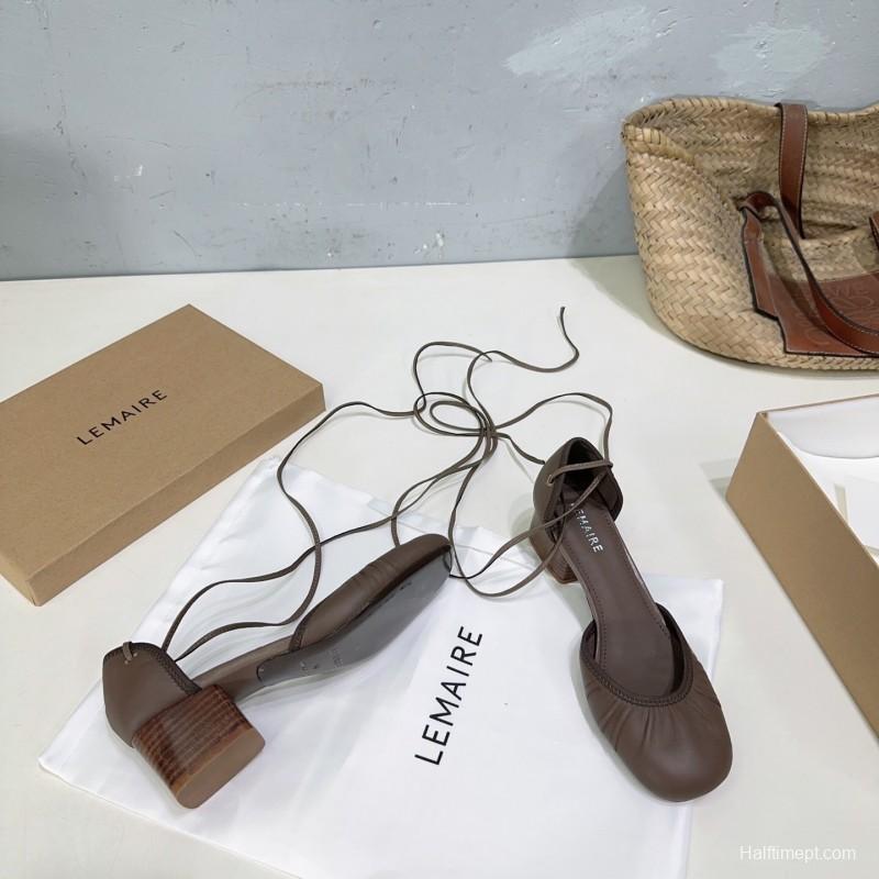 2025 Women LEMAIRE Brown Leather Mary Jane Lace-up Shoes