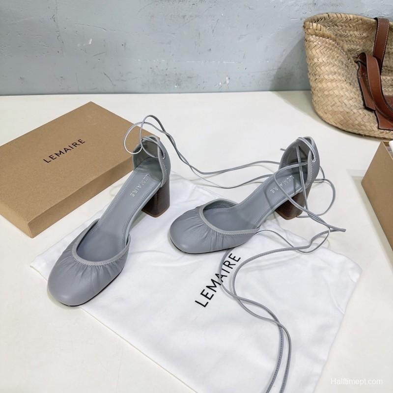 2025 Women LEMAIRE Grey Leather Mary Jane Block Heel KFY00300