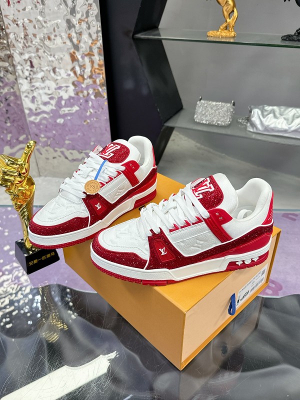 2025 Unisex Louis Vuitton Red White Leather Fabric Plimsolls Handmade Rhinestone AS00400