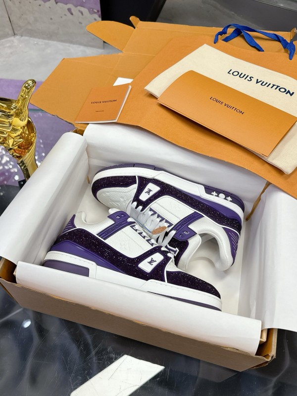 2025 Unisex Louis Vuitton White Purple Leather Denim Plimsolls Handmade Beaded AS00400