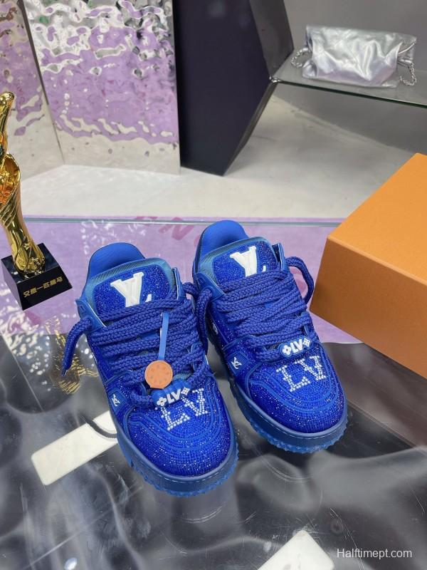 2025 Women Louis Vuitton Blue Crystal Trainer Original Custom Bing Bing Luxury Crystal Rhinestone High Temperature Hot Pressing TPU Sole AS00420